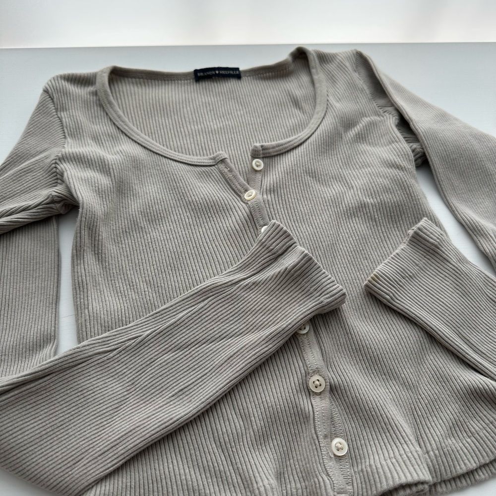 Beige Ribbed Button-Up Cardigan - Picture 2 of 4